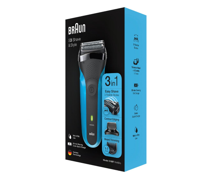 Braun 310BT Rechargeable Electric Shaver & Beard Trimmer - Black and Blue - Zoom Image 5