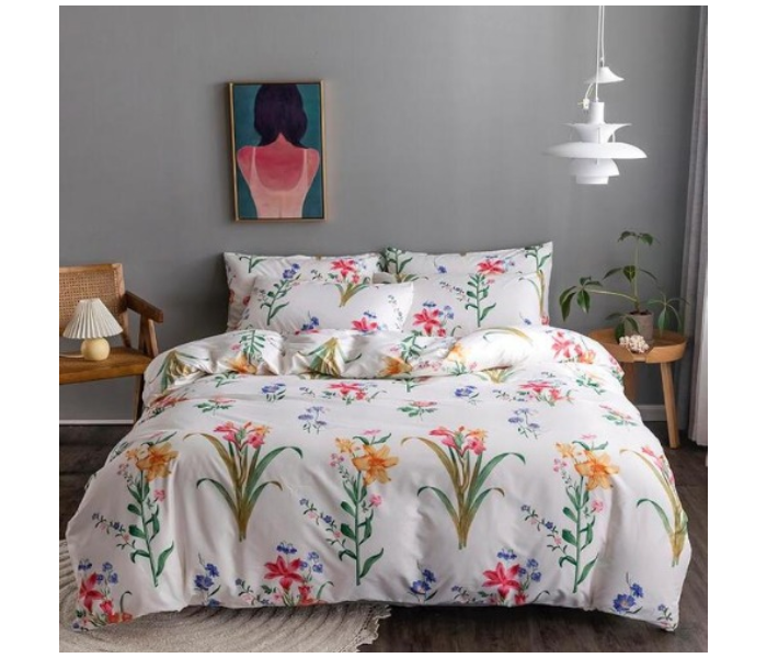 Floral 6 Pieces High Quality Cotton Double Size Bed Sheet with Quilt Cover and Pillow Case – White - Zoom Image