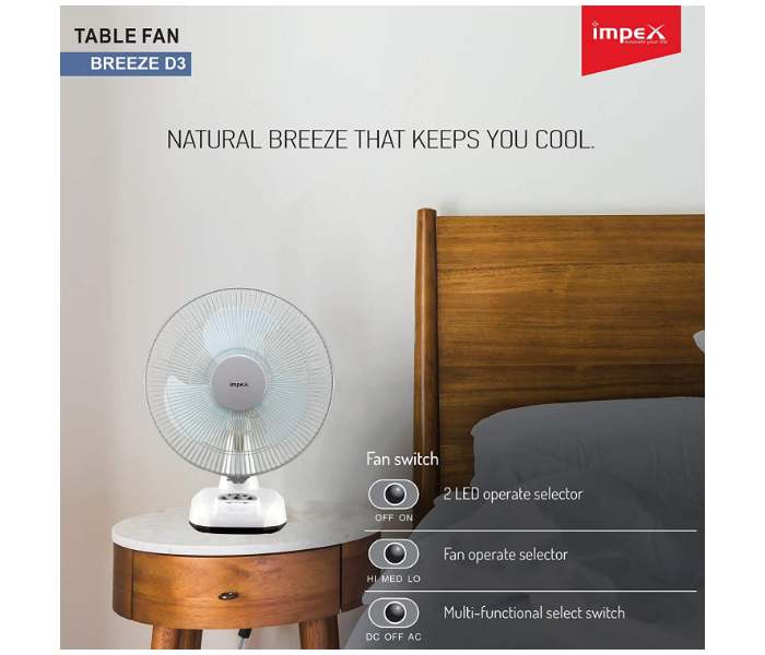 Impex Breeze D3 High Speed Rechargeable Table Fan with LED Light - White - Zoom Image 3