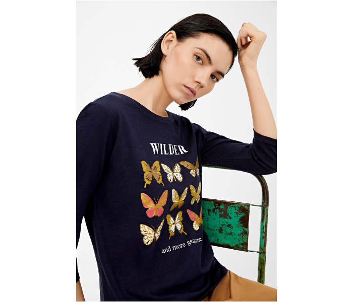 Springfield Butterfly Printed Long Sleeve T-Shirt Large For Women - Navy - Zoom Image 4