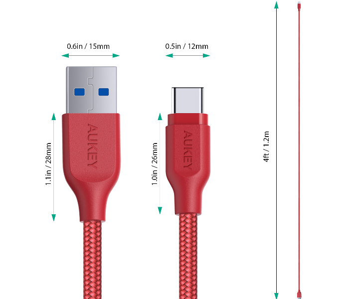 Aukey AC1R 1.2m USB Type C Braided Cable Aluminum Head - Red - Zoom Image 2