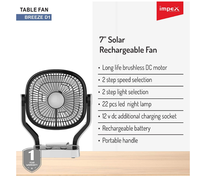 Impex Breeze-D1 Solar Rechargeable Table Fan with LED Light - Black - Zoom Image 4