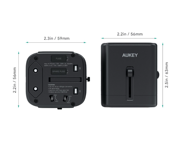 Aukey TA01B Universal Travel Adapter with One USB-C and Two USB-A Ports - Black - Zoom Image 1