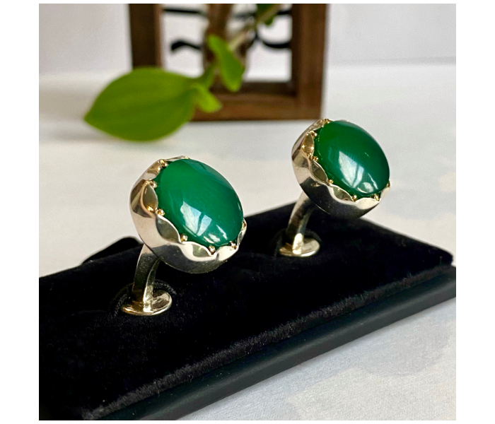 Handmade 925 Streling Silver Mens Cufflink with Yemeni Agate Aqeeq Stone - Green - Zoom Image 1