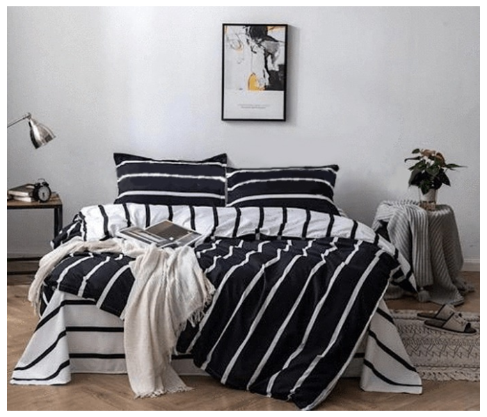 Stripes 6 Pieces High Quality Cotton Double Size Bed Sheet with Quilt Cover and Pillow Case – Black and White - Zoom Image 1