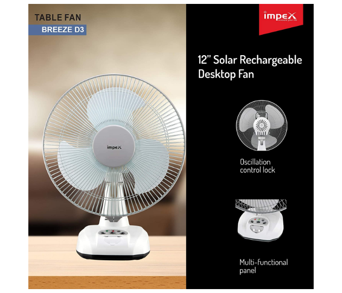 Impex Breeze D3 High Speed Rechargeable Table Fan with LED Light - White - Zoom Image 2