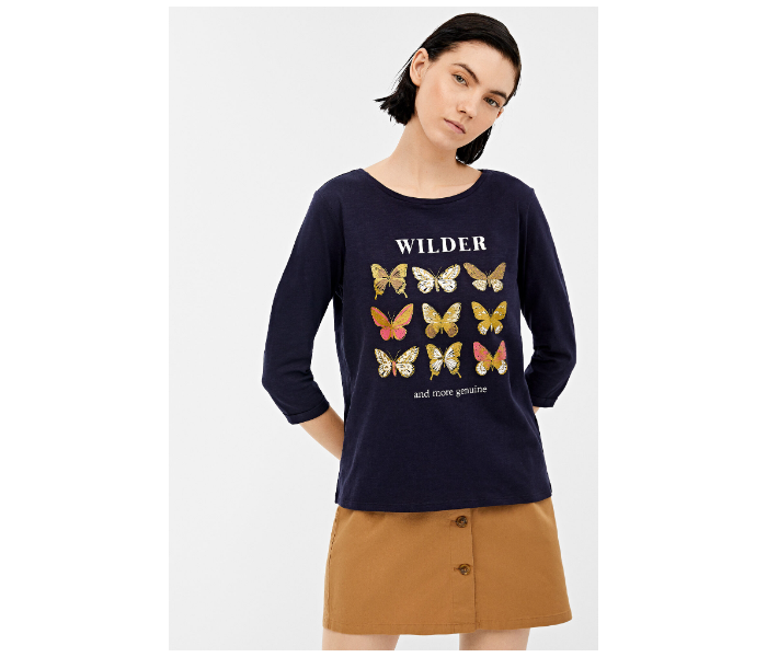 Springfield Butterfly Printed Long Sleeve T-Shirt Large For Women - Navy - Zoom Image 1