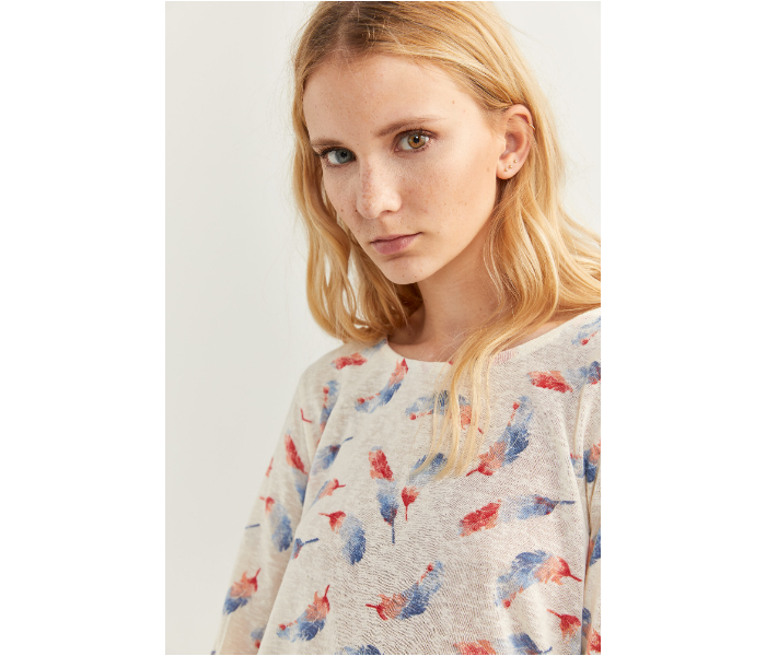 Springfield SS20 Feather Printed Long Sleeve T-Shirt X-Small For Women - Light Cream - Zoom Image 4