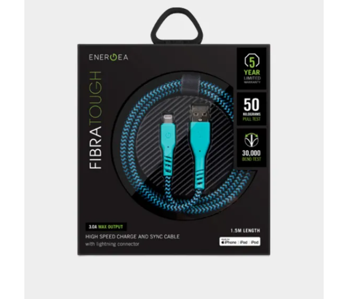 Energea 1.5m Fibra Tough High Speed Charge and Sync Lightning Cable - Turquoise - Zoom Image 2