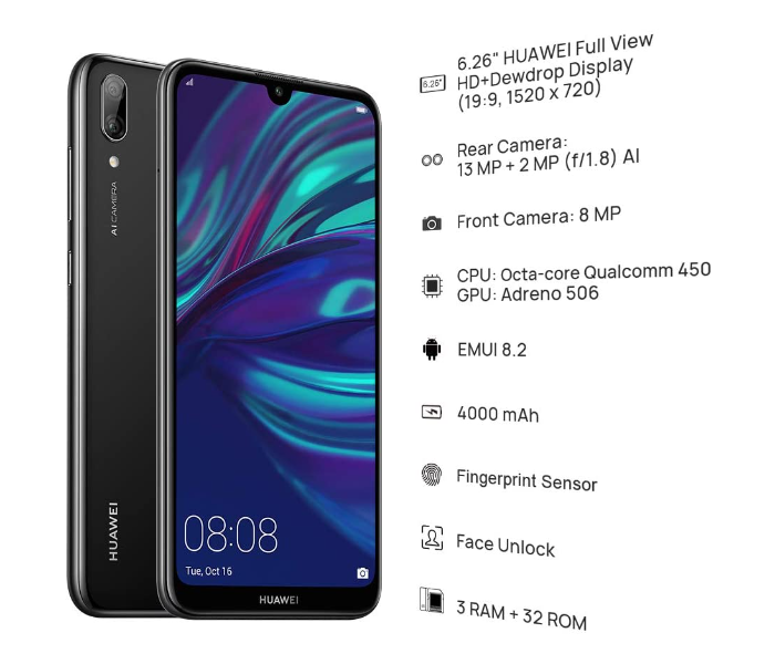 Huawei Y7 Prime 2019 3GB RAM 32GB Dual SIM 4G Smartphone - Black - Zoom Image 5