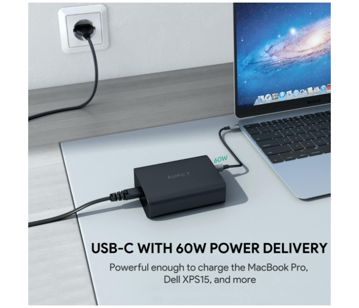 Aukey Y12 72W dual-port USB-A 12W + 1 Port USB-C with PD 60W PA - Black - Zoom Image 3