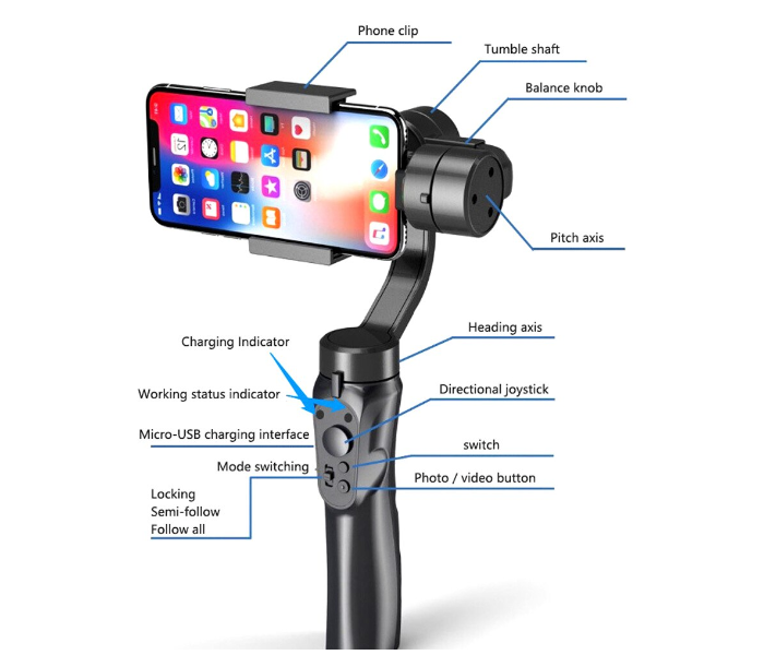 3 Axis Handled Gimbal Stabilizer with Selfie Stick Tripod for Smartphone - Black - Zoom Image 6