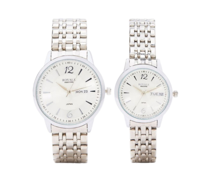 Royale Executive RE025 2 Piece Classic Metal Analog Couple Watch - Silver - Zoom Image 1