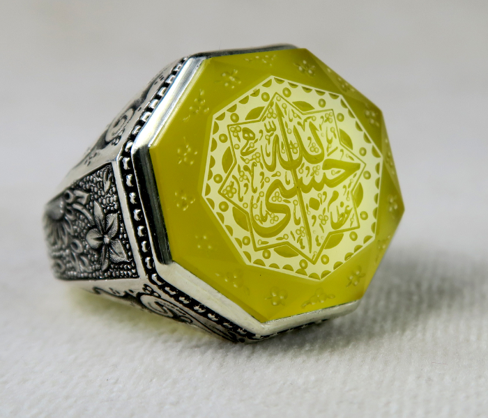 Handmade 925 Streling Silver Mens Ring with Yemeni Agate Aqeeq Stone - Yellow - Zoom Image 1