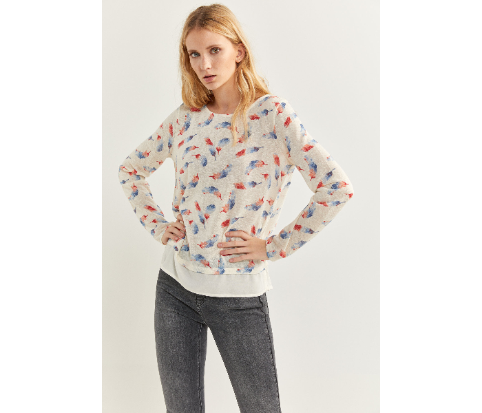 Springfield SS20 Feather Printed Long Sleeve T-Shirt Large For Women - Light Cream - Zoom Image 1