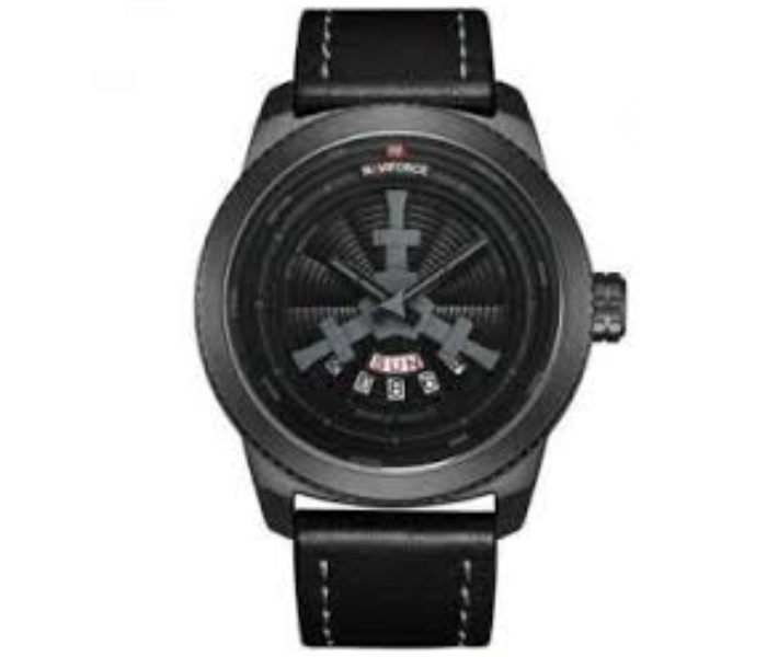 Naviforce 9156 NF9156B/GY/B Men Leather Strap Analog Wrist Watch - Black - Zoom Image