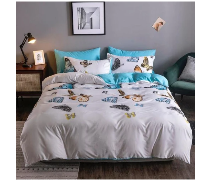 6 Pieces High Quality Cotton Double Size Bed Sheet with Quilt Cover and Pillow Case – White and Light Blue - Zoom Image