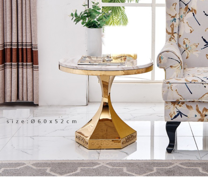 Gold Plated Side Table with White Marble Top - White and Gold - Zoom Image