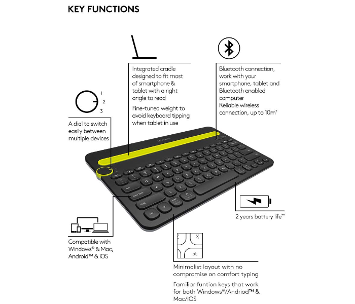 Logitech K480 Bluetooth Multi-Device Keyboard - Black - Zoom Image 2