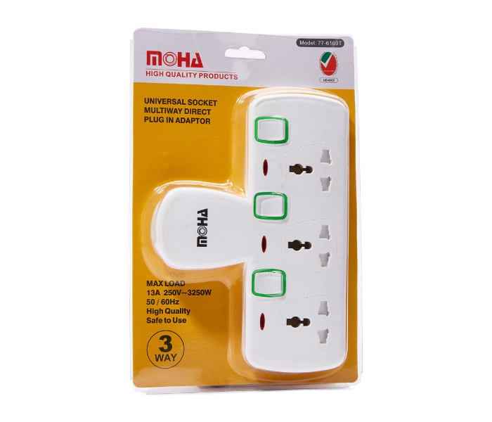 Moha 2m 3 Way T Socket Extension With Individual Switch - White   - Zoom Image 1