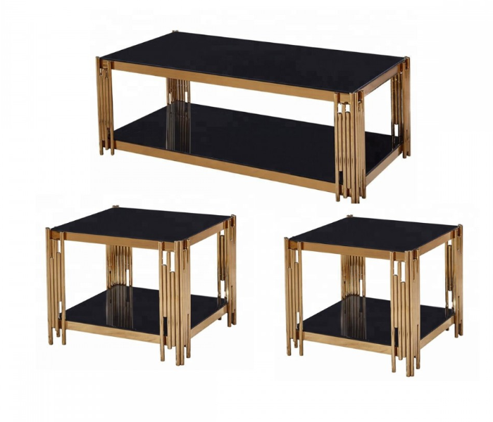 3 Piece Service Table with Black Glass Top - Black and Gold - Zoom Image