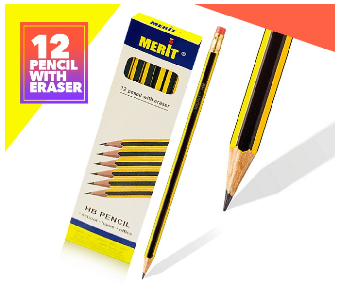 Merit 12 Pcs HB Pencil with Top Eraser  - Zoom Image 1