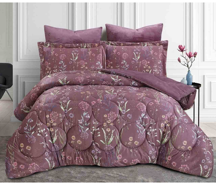 Velvet Double Bed King Size Bedsheet With 1 Comforter And 4 Pillow Cover - Grape Fruit - Zoom Image