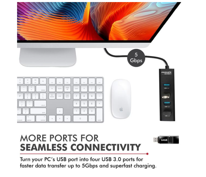 Promate EzHub-4 Ultra-Fast Portable USB-A 3.0 Hub With 4x Charge and Sync Ports - Zoom Image 3