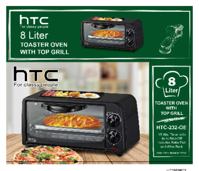 HTC 232-OE 8.0 Litre Toaster Oven and 15 Minutes Timmer Auto with Top Grill Tempered and Glass Door - Zoom Image 3