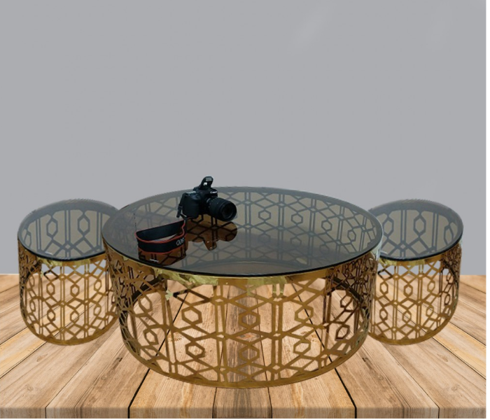 3 Piece Gold Plated Service Table - Black and Gold - Zoom Image