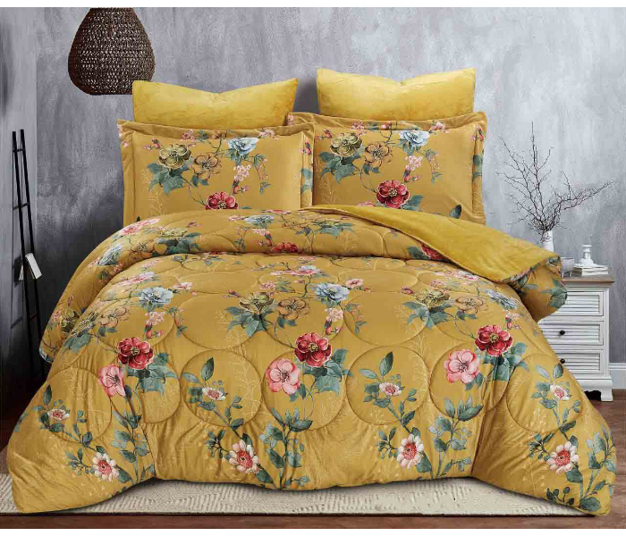 Velvet Double Bed King Size Bedsheet With 1 Comforter And 4 Pillow Cover - Yellow - Zoom Image