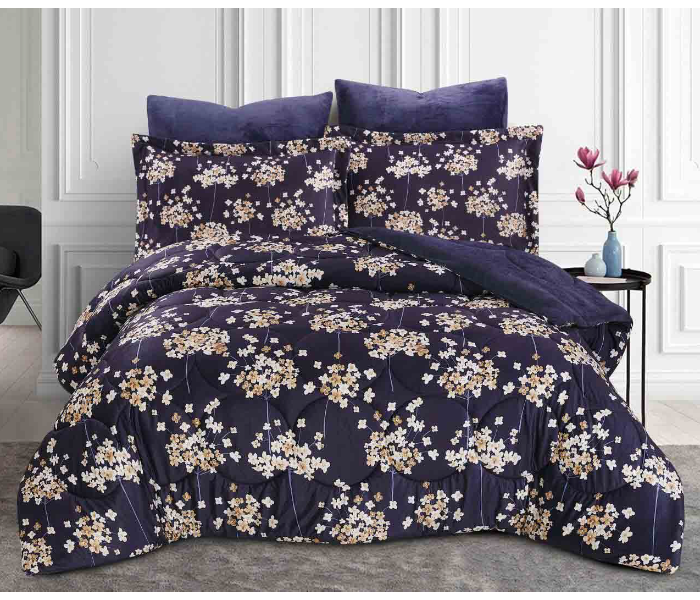 Velvet Double Bed King Size Bedsheet With 1 Comforter And 4 Pillow Cover - Blue - Zoom Image