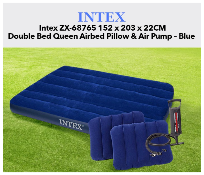 Intex ZX-68765 152 x 203 x 22CM Double Bed Queen Airbed Pillow & Air Pump - Blue - Zoom Image 2