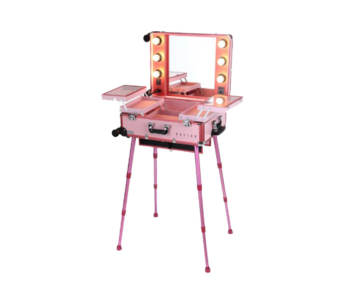 Makeup Box Cosmetic Train Stand Case with Trolley and Lights - Pink - Zoom Image