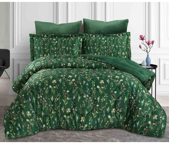 Velvet Double Bed King Size Bedsheet With 1 Comforter And 4 Pillow Cover - Olive Green - Zoom Image