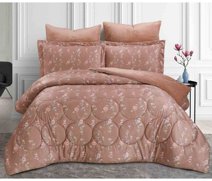 Velvet Double Bed King Size Bedsheet With 1 Comforter And 4 Pillow Cover - Light Brown - Zoom Image