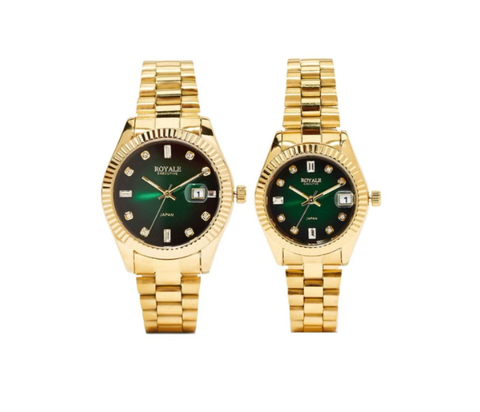 Royale RE065D Executive Oyster Couple Analog Watch Set - Green and Gold - Zoom Image