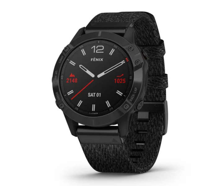 Garmin 010-02158-17 Fenix 6 Sapphire Edition Black DLC with Heathered Black Nylon Band - Zoom Image 1