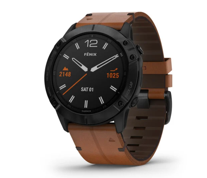 Garmin 010-02157-14 Fenix 6X Sapphire Edition Black DLC with Chestnut Leather Band - Zoom Image 1