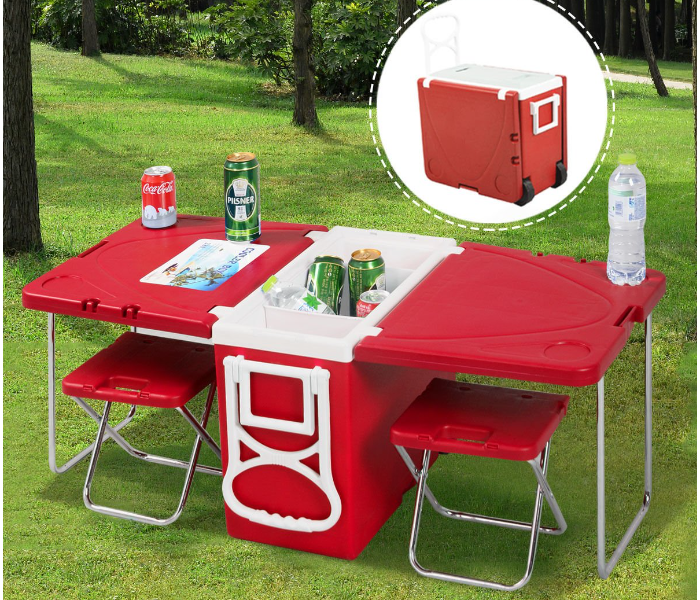 Multi-Function Rolling Cooler Picnic Camping Outdoor Table and 2 Chairs - Red - Zoom Image