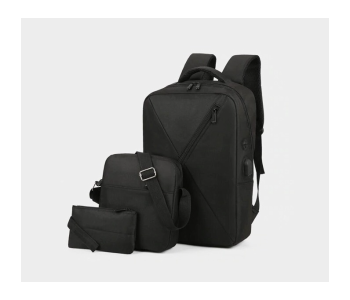 Three-Piece Splicing Couple Large Backpack with USB Charging  - Black - Zoom Image 1