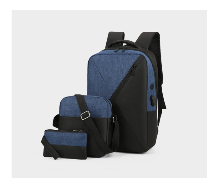 Three-Piece Splicing Couple Large Backpack with USB Charging - Blue - Zoom Image 1