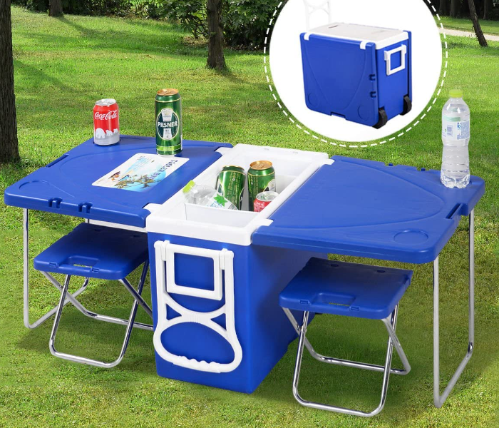 Multi-Function Rolling Cooler Picnic Camping Outdoor Table and 2 Chairs - Blue - Zoom Image