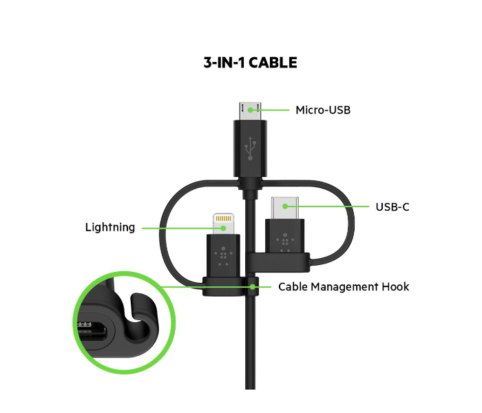 Belkin F8J050BT04-BLK 1.2 Meter 3-in-1 Universal Micro USB USB-C Lightning Connector Cable - Black - Zoom Image 2