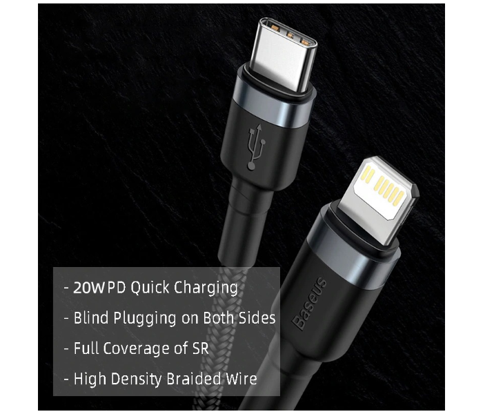 Baseus 1M USB C to Lightning 20W PD Fast Charge plus Data Cable for iPhone 12 11 Pro Max 8 X XR USB - Black - Zoom Image 3