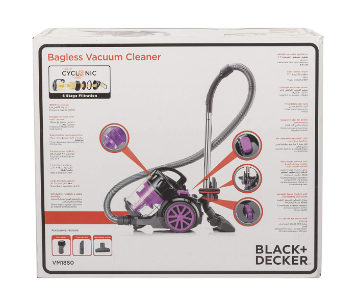 Black and Decker VM1880-B5 1800W Bagless Multicyclonic Vacuum Cleaner with 6 Stage Filtration - Purple and Black - Zoom Image 10