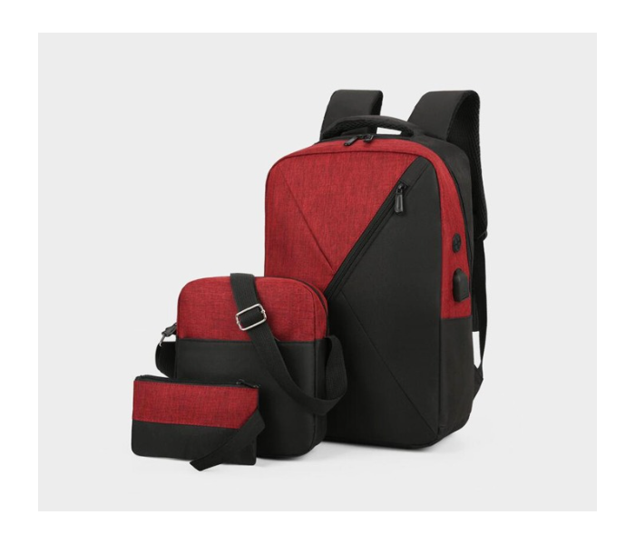 Three-Piece Splicing Couple Large Backpack with USB Charging - Red - Zoom Image 1