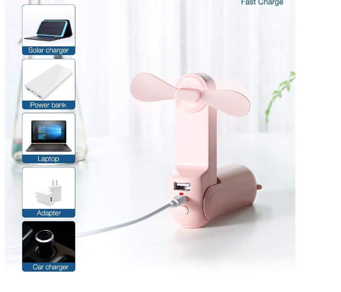 USB Rechargeable Handheld Mini Fan with Power Bank Feature used as Pocket Desk Fan - Pink - Zoom Image 3