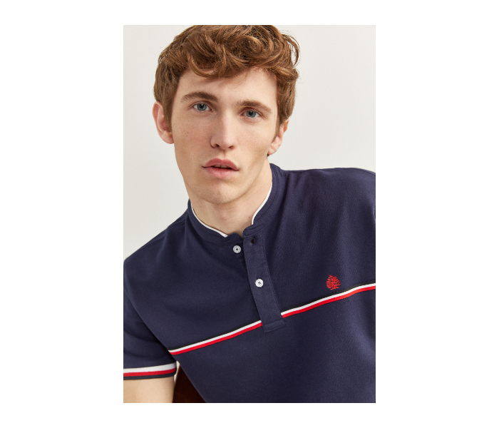 Springfield SS20 Basic Solid Slim Fit Polo T-Shirt With Double Mandarin Collar X-Small For Men – Navy Blue - Zoom Image 3