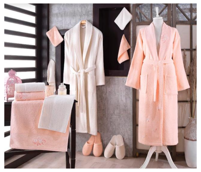 Couple Bath Robe Cotton Set - Pink Beige - Zoom Image